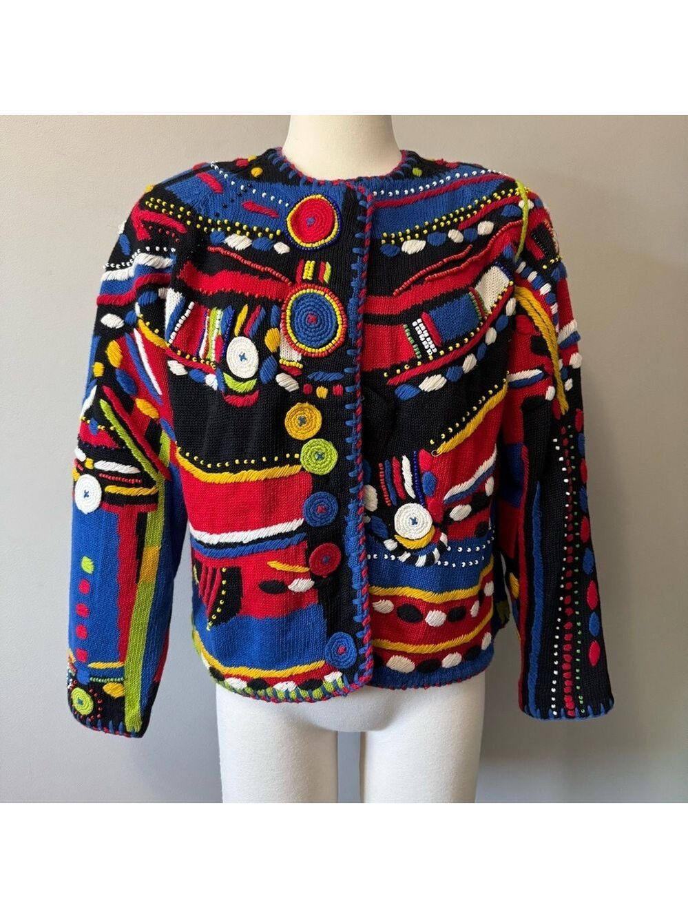 Michael Simon Vintage Knit Cardigan Abstract Art Sweater Bold Color Boho 80-90’